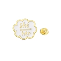 Cloud-shaped white enamel brooch with golden 'she/her' pronoun text and butterfly clutch - She/Her Cloud