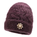 Plush purple knit hat for elderly women with elegant gold flower and pearl brooch - Purple