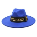 Detailed view of royal blue fedora hat with a black band and gold chain accent - M (56-58cm) / Blue