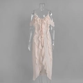 Detail view of pink ruffle chiffon dress featuring vertical layered tiers and thin straps - S / Pink