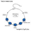Silver stainless steel bracelet featuring multi-faceted blue oval glass stone - Steel Bracelet - Blue Glass Stone