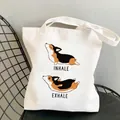 White canvas tote bag featuring cute cartoon Corgi yoga prints with inhale exhale text - C11-Yoga Corgi