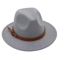 Detail of gray wool felt fedora hat featuring a brown leather belt buckle strap - M (56-58cm) / Light Grey (Yellow Rope)