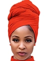Solid red turban headwrap for women made of soft jersey fabric shown on model - One Size / Orange