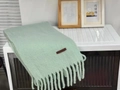 Mint green knitted scarf with fringe detail and brown leather tag on white background - Mint Green