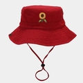 Detail of red cotton bucket hat featuring sunflower embroidery and adjustable wind string - Burgundy