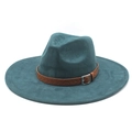 Close-up of teal faux suede wide brim fedora hat with a brown braided leather belt detail - M (56-59cm) / Dark Green (Suede)