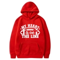 Red hooded sweatshirt with My Heart Is On The Line football print and front pocket - Red (My Heart Is On The Line)