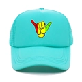 Detail of light blue trucker hat featuring a colorful Shaka hand gesture print and mesh back - M (56-58cm) / Lake Blue