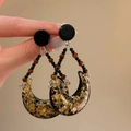 Detail of crescent leopard earrings with gold foil accents and beaded fringe hangings - Black Crescent Gold Foil Resin Style (21# Silver Earring Post - Black-Coffee-Gold)
