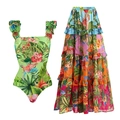 Tropical floral print swimwear set featuring ruffled one-piece and layered maxi skirt - S / Two-Piece Set