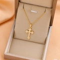 Fashionable gold cross necklace for women featuring sparkling cubic zirconia on a silk base - 9216 / Gold
