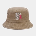 Detail of khaki bucket hat with Never Give Up pink ribbon embroidery and metal eyelets - M (56-58cm) / Khaki
