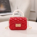Red mini jelly handbag featuring diamond quilt pattern and pearl top handle - Red