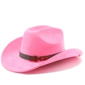 Detailed close-up of pink felt cowboy hat with decorative brown buckle strap - Magenta