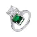 Detailed shot of silver adjustable ring with square green and white stones - Platinum Green Zirconia