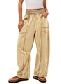 Damen Cargo-Hose mit weitem Bein in Khaki, mit Kordelzug und praktischen Taschen - Khaki