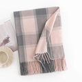 Pink and grey plaid cashmere-feel scarf with fringe edges displayed on white surface - Grey and Pink Plaid / 70*190CM