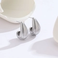Polished silver stripe teardrop earrings in high-grade 18k style stainless steel - Striped Teardrop Silver