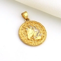 Detailed macro view of a gold circular sun pendant featuring a micro-set zircon unicorn relief - Round Unicorn