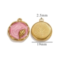 Pink and gold stainless steel oil painting pendant with leaf design, 19mm size - Round Small Leaf Pendant / Pink