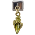 Detailed close-up of a conch shell charm with green bronze finish and silver connector - Green Gold Conch