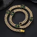 Detailed view of Cuban chain set with emerald butterflies and white round pavé diamonds - Necklace 18 inch (45cm) / Gold
