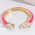 Detail of neon pink enamel open ring with pear-cut cubic zirconia and gold plating - Adjustable Open / Rose Red