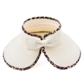Detailed macro view of beige straw sun visor with leopard print trim and bow detail - Off White