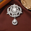 Vintage palace style silver brooch with crystal pavé and moving teardrop pendant - Style 9 (White + Silver)