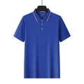 Blue short-sleeved men's polo shirt with red white blue striped trim on collar and cuffs - Sapphire Blue