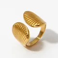 Adjustable gold plated stainless steel ring with wave pearl flower design - One Size / Shell Texture Style / Gold (KB615)