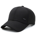 Black cotton twill baseball cap with curved brim and metallic logo emblem on side - Adjustable / Black