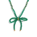 Handmade emerald green faceted crystal bead necklace with elegant golden bow design - Dark Green Transparent