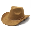 Classic brown faux suede western cowboy hat with wide brim and decorative leather cord - Khaki