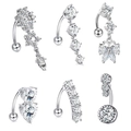 Set of six silver stainless steel belly button rings with clear cubic zirconia crystals - Silver 6-Piece Set