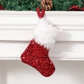 Red sequin Christmas stocking with white faux fur trim hanging on festive mantel - Small Red Sequin Stocking