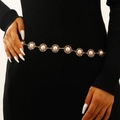 Elegant gold metal waist chain featuring floral links and white pearls on a black dress - Artificial Pearl Floral Style (X596)