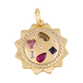 Close-up of golden sunburst pendant with multicolored crystals and pink heart gem - Sun Zircon Inlay