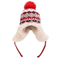 Close-up of the plush fleece lining and red faux fur pompom on a knitted trapper hat - One Size / Red