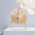 Luxury gold spherical evening bag with pearls, rhinestones, and elegant metal tassels - Gold
