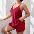Burgundy satin sleepwear set with V-neck camisole and shorts for plus size women - 3XL / Red