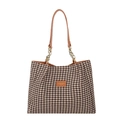 Vintage brown houndstooth tote bag with leather handles and gold chain details - 36.5/28/10CM / Yellow Brown Houndstooth