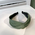 Crossed dark green faux leather headband with retro textured pleated finish for women - Gray Green