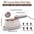 Retro portable steam iron in cream white with dimensions and multi-voltage plug options - Pointer Style (HX-6218)