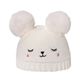 Berretto bianco in maglia per neonati con doppi pompon e ricamo a forma di gatto - 52-54cm / Bianco