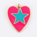 Pink and turquoise heart pendant charm with star pattern for DIY jewelry design - Heart Star Enamel Style (ACF5898-4) / Pink Blue Patchwork Plaid