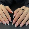 Classic white French almond press-on nails with natural pink base in minimalist style - White French Tip Almond Nails (FS-04) / Glue