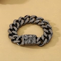Men's punk style dark silver Cuban link bracelet with skull and crossbones relief clasp - Gunmetal