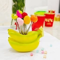 Banana shaped ceramic holder with colorful fruit topper stainless steel picks - Banana Base + 10 Mixed Style Forks